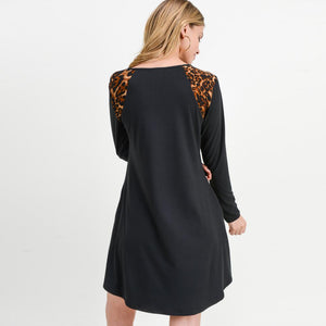 Women's Long Sleeve Tunic Dress with Leopard Print Shoulder Detail