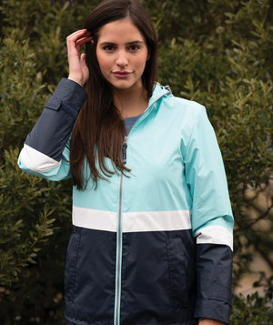 Women's Color Blocked New Englander Rain Jacket 5295 - Aqua/White/Navy