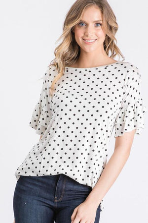 Astra Polka Dot Ruffle Sleeve Top - Off White