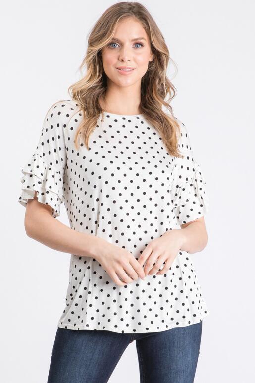 Astra Polka Dot Ruffle Sleeve Top - Off White