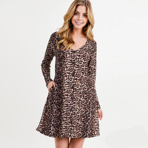 Women's Classic Faux Button Down Dress - Leopard Print