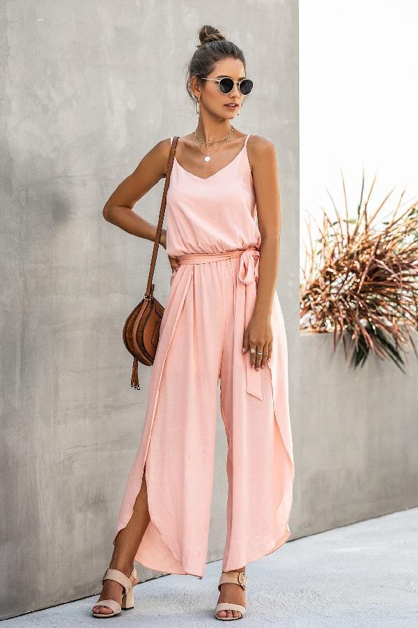 Spaghetti Strap Wide Leg Jumpsuit - Pink