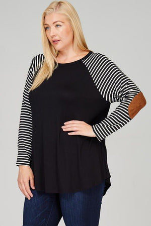 Quinn Plus Size Raglan Strip Long Sleeve with Suede Elbow Patch