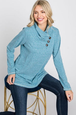 Sophia Pintucked Neckline French Terry Top - Blue