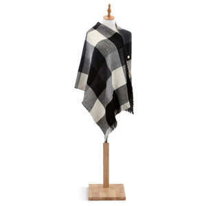 Gray/Black Plaid Reversible Button Poncho