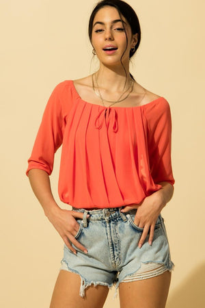 Off Shoulder Pleated Blouse - Coral