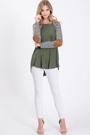 Quinn Raglan Strip Long Sleeve with Suede Elbow Patch - Olive