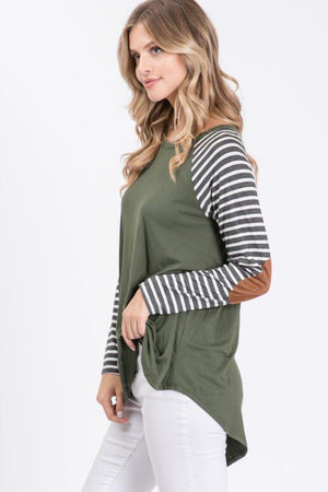Quinn Raglan Strip Long Sleeve with Suede Elbow Patch - Olive