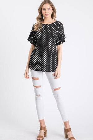 Astra Polka Dot Ruffle Sleeve Top - Black