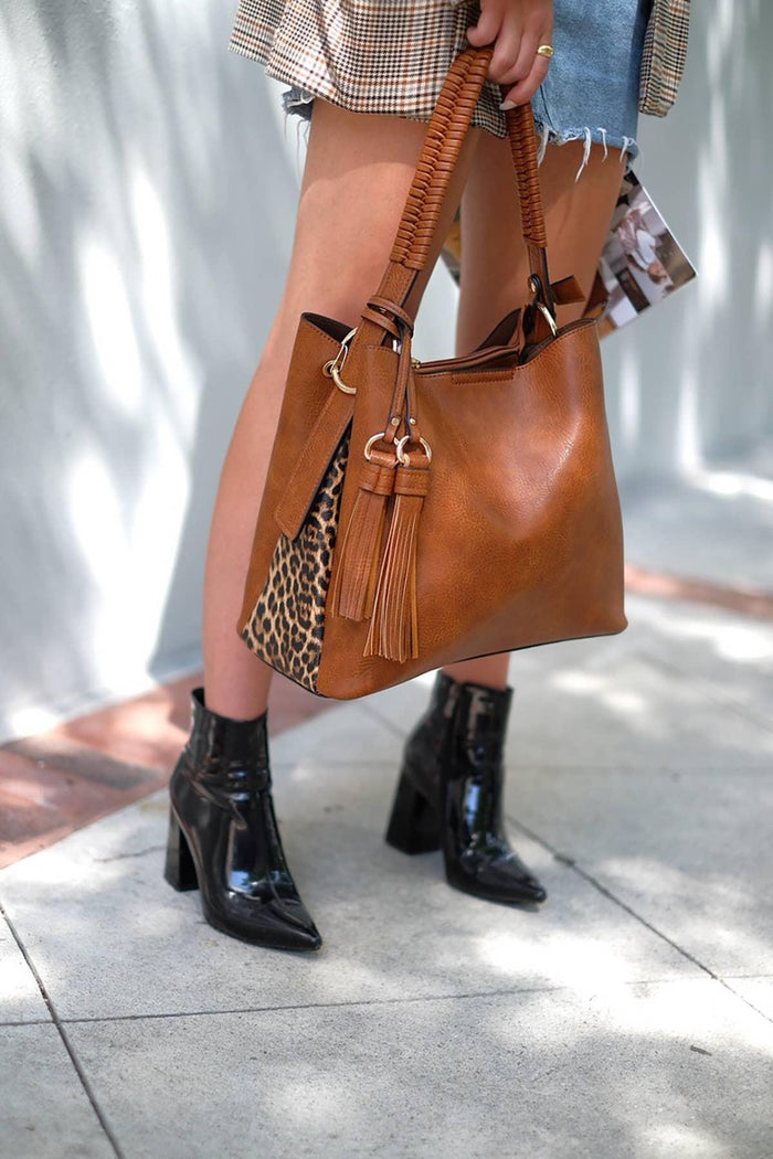 Olivia Animal Print Contrast Hobo with Braided Strap