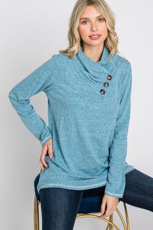 Sophia Pintucked Neckline French Terry Top - Blue