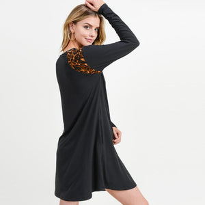 Women's Long Sleeve Tunic Dress with Leopard Print Shoulder Detail
