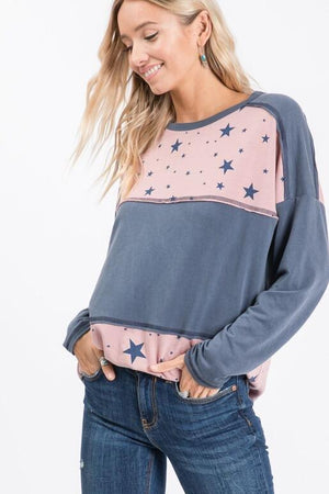 Amora French Terry Star Print Top - Navy
