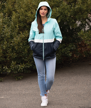 Women's Color Blocked New Englander Rain Jacket 5295 - Aqua/White/Navy