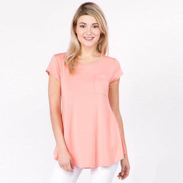 Misty Solid Short Sleeve Pocket Tee with keyhole back detail - Salmon