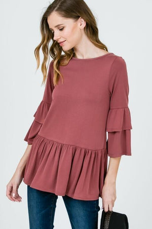 Layla Peplum Top with Ruffle Sleeves - Mauve