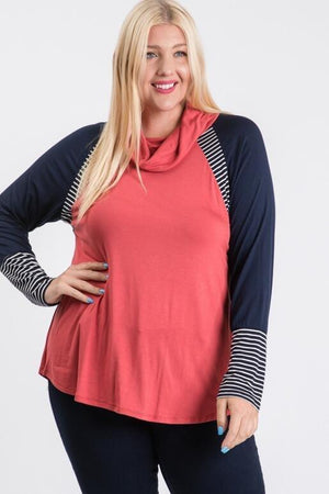Naya Plus Size Long Sleeve Color Block Raglan - Coral
